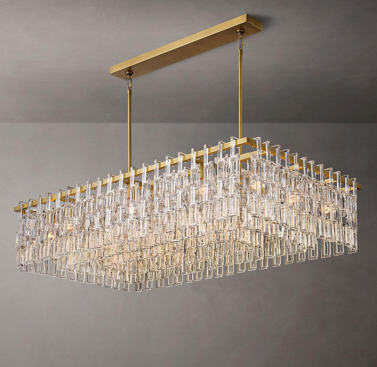 Rectangular brass and crystal chandelier